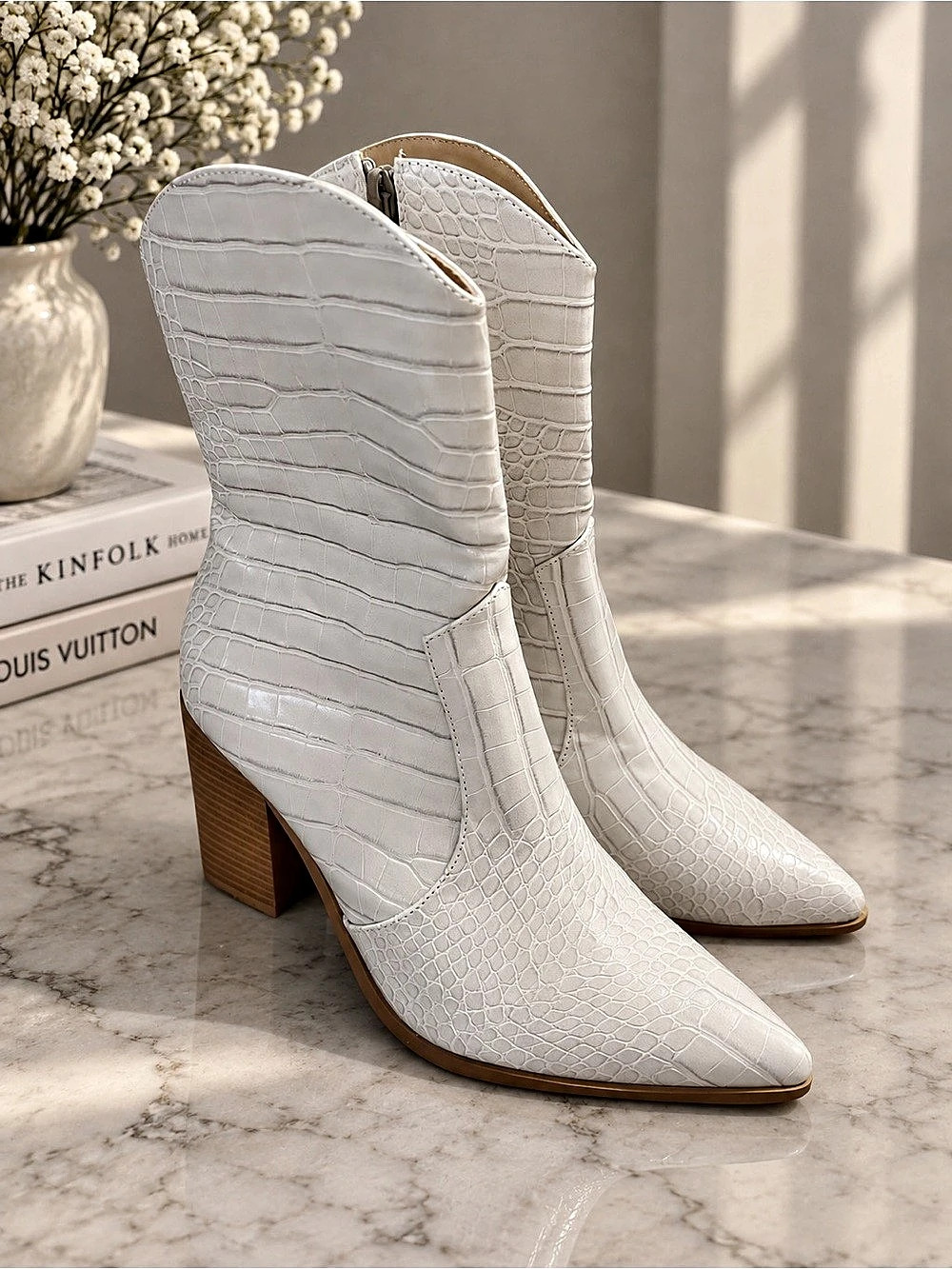 Lulus White Croc-Embossed Ankle Boots – Size 7